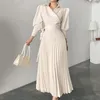 Lässige Kleider Langarm Langarm hoher Taille Frühling Luxus Herbst Frau Plissee Kleid Frauen A-Line Party Elegant Vintage Maxi für Frauen