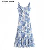 Vintage French Style Blue White Floral Mulheres Vestido Treça Bow Dress Sleesess Dress Sexy Women Festy Dress Vintage feminino 220516