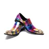 Bunte Herren-Oxford-Schuhe aus Metall mit spitzer Zehenpartie, echtes Leder für Herren, große Größe, Partykleid-Schuhe