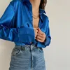 Women's Blouses & Shirts Sexy Party Silk Long Sleeve Tops For Women Y2K Solid Color Lapel Neck Shirt 90s E-Girls Casual Clothing Short Blous