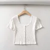 Harajuku 70s Vintage O Hals Floral Korte Mouw Tee Base T-shirts Zomer Meisje Single-Breasted Button Korte T-shirt Crop Top 220411