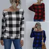 Women's T-Shirt Classic Retro Check Woman Sexy Off Strapless Bat Long Sleeve Autumn Pullover Top Street Winter Clothing Large Size 2xl