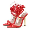 Summer 12CM Gladiator Heels Sandals For Women Fashion Pointed Open Toe Lace-Up Stiletto Ladies Strappy Wedding Shoes Black Red 220328