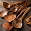 Thailand Teak Natural Wood Table Seary Spoon Ladle Turner Long Rice Colander Soup Skimmer Cooking Spoons Scoop Kitchen Tool Set 220727