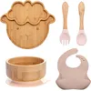 Wooden Feeding Tableware Sets Kids Feeding Supplies Bamboo Dishes with Silicone Straw Cup Children Dinnerware Gift Set 2590 T2