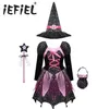 Kid Girls Costume da strega di Halloween Sparkly Silver Stars Stampato Carnevale Cosplay Dress con cappello a punta Wand Up Clothes 220817