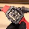 2022 27-01 Miyota Automatic Fake Tourbillon Mens Watch Carbon Fiber Case Black Skeleton Dial Red Rubber Strap Super Edition Puretime01 E73B2