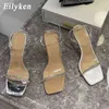 Nxy Sandals Sexy Pvc Transparent Hollow Square Toe Woman Crystal Diamond Women Buckle Strap High Heels Jelly Shoes