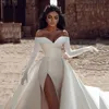 Plus Size Sexy Off Shoulder Wedding Dresses With Thigh-High Slits Chapel Train Simple Satin Beautiful Bridal Wedding Gowns