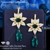 CWWZircon Luxury Big Green Water Drop Leaf Flower Cubic Zirconia Stone Women Party Orecchini lunghi per gioielli da ballo di nozze CZ925