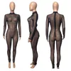 Hot Sell Mesh See Through Romper for Women Lange Mouw Back Rits Skinny Broek Nachtclub Eén stuk Jumpsuits Q22Y8033