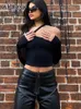 Abdieso Sexy Cut Out Halter Crop Top Women Y2K Clothes Summer Fairy Grunge Long Sleeve Skinny Black Gothic T Shirts Fashion 220525