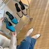 Hausschuhe mit quadratischer Zehenpartie, Damen-Pumps, Damen-Slides auf dünnen High Heels, blau, beige, weiß, flache Mules-Schuhe mit Webmuster 220328