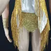 Sexy DJ Nightclub Pole Dance Costume Jazz Performance Stage Wear Gold Rhinestones Tassel Mini Dress Club Bar Party Rave Outfits voor Singer Dancer Festival Clothing