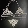 New Sexy Chain Bra Body Jewelry Crystal Bikini Set Beach Lingerie Outfit Harness Bling Thong for Women Holiday T200508