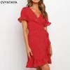 Красное сексуальное платье с V-образным вырезом и цветочным принтом, с завязками на завязках, мини-платье, женское мини-платье в стиле бохо с рюшами и расклешенными рукавами, летние мини-платья Vestidos 220531