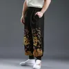 Men's Pants Tracksuits Loose lantern trousers embroidered dragon Sweatpants elastic waist Casual Sportswear cotton linen ethnic streetwear