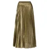 LANMREM Spring fashion women clothes high waist A-line pleated sliver vintage elastic long halfbody skirt WH28501XL 220401