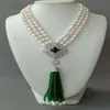 3 fili Collana bianca barocca perla cZ pavimentazione a sospensione in giada verde