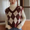 Autumn Women's Casual Sleeveless Plaid Sticked Crop Sweaters Argyle Print Sweater Vest Ladies V Neck Knit Sweater Vest 220719