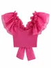 Summer Szyfonowa Bluzka Kobiety Przezroczyste organza różowy zaciągnięcie rękawów z tyłu bluzka Bluzka seksowna krótka topy żeńska camisole 220511