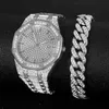 2022 Iced Out Watch Bracelet for Women Heren Kijk nieuwe Big Gold Cubaanse ketting Hip Hop Jewelry Set Rhintone Gold Watch Men Miami