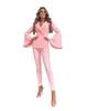 ホットピンクの女性パンツスーツジャケット2ピースダブル胸型ビジネスウェディングスーツレッドカーペットパーティーウェア