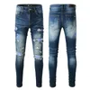 Jeans masculinos azul com letra calça de grife angustiada de letra para homem Slim Fit Reparado lin chino estriado fino tapanom abalado longos e retos orifícios de zíper regular