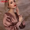 OOTN Beige Single Breasted Sexy Dress Party Clud High Waist Satin Long Elegant V Neck Women Midi es Lantern Sleeve 220331