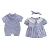 Plaid rompers for baby Brother and Sister Puff Sleeve Bodysuit with Hair Belt Twin Outfits Boy clothes for Girl Toddler Newborns G220510