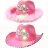 Berets Luminous Tiara Cowgirl Hat Western Style Cowboy Pink Women's Fashion Party Cap Warped Gree Brim z cekinami dekoracji