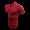 Sommar mode kort ärm skjorta män solid super smal passform manlig social affär klänning varumärke gym fitness sportkläder 220321