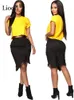 Asymmetric Hole Denim Midi Skirt With Tassel Streetwear High Waist Wash Distressed For Women Bodycon Ripped Jean Skirts 220317