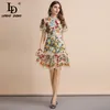 LD Linda Della Fashion Runway Summer Dress Women's Flare Sleeve Floral Brodery Elegant Mesh Hollow Out Midi Dresses 220510