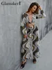 Glamaker Elegant Lantern Sleeve V Neck Chiffon Jumpsuit Women Leopard Print High Taille Wide Leg Romper Summer Bandage Playsuit 220602