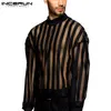 INCERUN Men Striped T Shirt Mesh Sexy See Through O Neck Long Sleeve Party Niglub Tee Tops Streetwear Casual Camisetas 7 220408