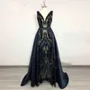 Glitzerndes, smaragdgrünes Abendkleid mit Pailletten und abnehmbarer Schleppe, arabisches Dubai-Meerjungfrau-Abschlussballkleid, 2-in-1, Übergröße, V-Ausschnitt, Party, afrikanische Frauen, Vestidos de Noche