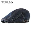 Wuaumx Casual Spring Summer Berets Hat Men Women Denim Newspaper Seller Caps Visors Cotton Cabbie Fishbone Cap Duck Mouth Climbing Cap Flat J220722