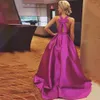 Zroszony Satynowe Długie Suknie Wieczorowe Z Kieszeniem Formalne Suknie Wieczorowe Elegancka Backless Party Dress AvondJurk Blush Różowy Królewski Niebieski Fioletowy