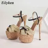 Sandals Eilyken Summer Fashion Straw Weave Sandals Peep Toe Super High Heels Shallow Buckle Belt Thick Bottom Lady Party Shoe 220318