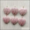 Arts And Crafts Natural Roses Quartz Stone Charms Tree Of Life Golden Wire Wrapped Love Heart Pendants For Necklace Jewelry Sports2010 Dhcxi