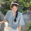 Vestes Femmes Bleu À Manches Courtes Costume Femmes Été Mince Lâche Femme Veste 2022 Coréen Chic V-Cou Manteau Crop Top FemmesFemmes