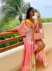 Bikini Coverups Boho Print Long Dress Self Belted Sexy Beach Tunic Summer Women Beach Wear Swim Suit Cover Up A932 220622