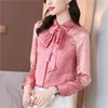 2022 Vrouwen Mode Print Roze Blouses Lange Mouw Vintage Strik Shirt Dames Klassieke Revers Knop Shirts Lente Herfst Vrouw kleding Designer Blouse Leuke Tops