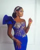 Plus taille arabe aso ebi sirène royal bleu robes de bal de bal cristaux en dentelle de la soirée de la soirée deuxième réception anniversaire fiançailles robes de demoiselle d'honneur robe