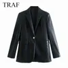 TRAF Women's Fashion Pockets Long Sleeve Back Vents Female Outerwear PU Faux Leather Loose Blazer Coat Vintage Chic Tops L220801