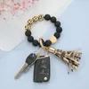 Mode Rosted Trä Bead Armband Keychain Party Favor Mönster Tassel Pendant Armband Kvinnor Tjej Key Ring Wrist Strap 7 Färger AA