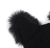 고양이 모피 귀 모자 따뜻한 양모 케이블 니트 비니 겨울 동물 모자를위한 여자 소녀 소년 가을 겨울 검은