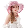 FS 여름 오간자 파시너 모자 접이식 웨딩 교회 드레스 켄터키 모자를위한 켄터키 모자 우아한 핑크 와이드 브림 페도라 220812