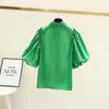 Blusas Femininas Camisas Moda Blusa Vintage Amassado Manga Bufante Verde Strass Irregular Camisa de Abotoamento Único Feminino Tops de VerãoMulheres